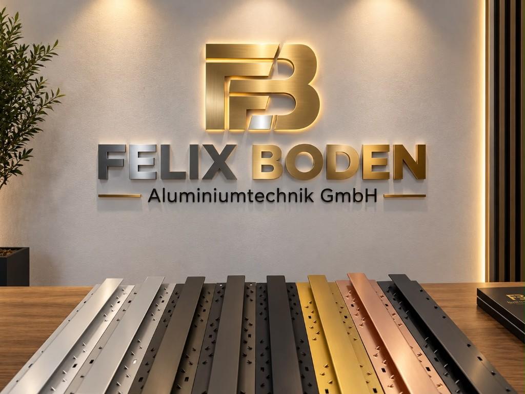 Felix Boden reception with the gold FB mark, aluminium wordmark and a fan of carpet profiles in silver, champagne, brown, black, gold and copper