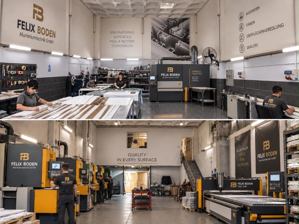 Felix Boden production halls with the CNC 2040 machining centre, punching stations and the surface finishing line