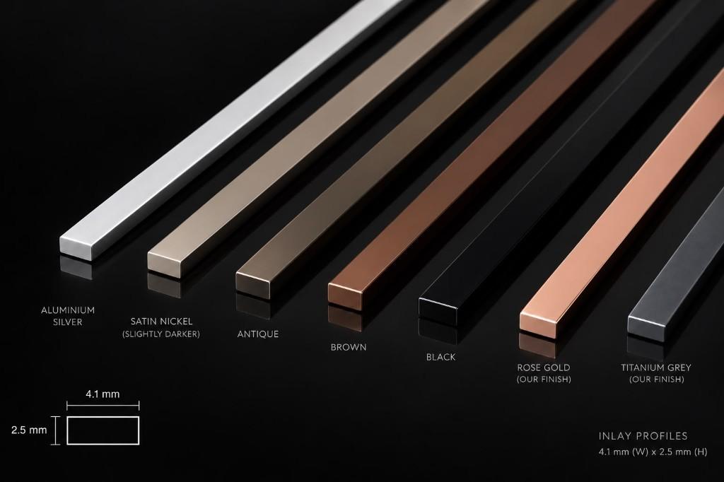 Felix Boden inlay profiles in aluminium silver, satin nickel, antique, brown, black, rose gold and titanium grey
