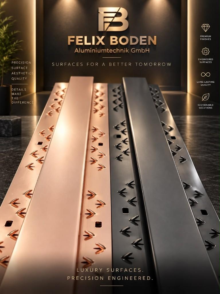 Luxury Felix Boden carpet profiles in copper and dark finishes, precision-punched for high-end floors